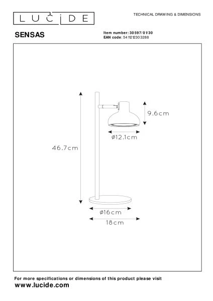 Lucide SENSAS - Lámpara de escritorio - Ø 18 cm - 1xGU10 (ES111) - Negro - técnico